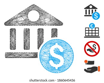 Banco de vectores netos en dólares. Red 2D de canal con eclosión geométrica hecha con un icono de banco en dólares, diseñada a partir de líneas de cruce. Se añaden algunos iconos adicionales.