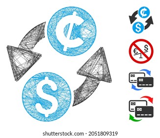 Cambio de vectores por centavos netos. Red 2D de marco geométrico de alambre hecho de un icono de intercambio de centavos de dólar, diseñado a partir de líneas interseccionadas. Se agregan algunos iconos similares.
