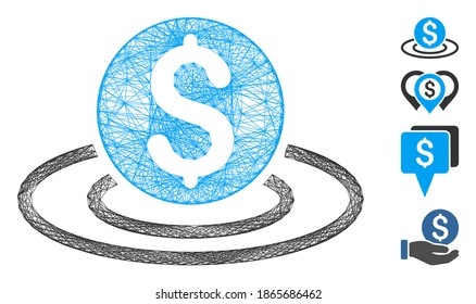 Vektor-Netto-Dollar-Münzzone. Geometrisches Schraffierahmen 2D Netz aus Dollar-Münzen-Symbol, konstruiert aus Kreuzlinien. Es werden einige Bonussymbole hinzugefügt.