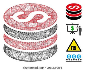 Vector net dollar coins stack. Geometric hatched frame 2D net generated with dollar coins stack icon, designed with crossed lines. Some bonus icons are added.