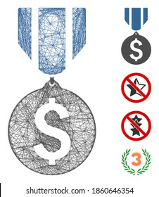 Vektornetto-Dollar-Medaille. Geometrisches Drahtseile 2D, erzeugt mit Dollar-Medaillensymbol, entworfen mit Kreuzlinien. Es werden einige Bonussymbole hinzugefügt.