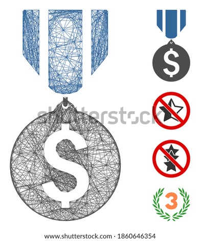 Vector net dollar medal. Geometric wire carcass 2D net generated with dollar medal icon, designed with crossing lines. Some bonus icons are added.