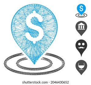 Vektornetto-Dollar-Platz. Geometrisches schraffiertes Flachnetz, das mit einem Dollar-Platz-Symbol erzeugt wird und mit Kreuzungslinien entworfen wurde. Es werden weitere Symbole hinzugefügt.
