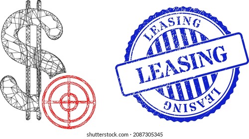 Vector net dollar target frame, and Leasing blue rosette corroded seal print. Hatched frame net image designed with dollar target pictogram, is generated with crossed lines.