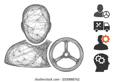 Rueda del conductor de red de vectores. Red plana de canal lineal geométrica generada con el icono de la rueda del conductor, diseñada con líneas de cruce. Se añaden algunos iconos adicionales.