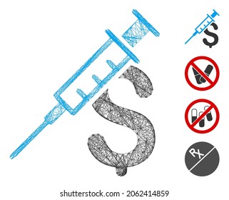 Vector Net Drug Business. Geometric Hatched Carcass 2D Net Generated With Drug Business Icon, Designed With Crossing Lines. Some Bonus Icons Are Added.