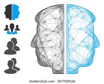 Vector net dual face. Geometric wire frame flat net generated with dual face icon, designed with crossing lines. Some bonus icons are added.