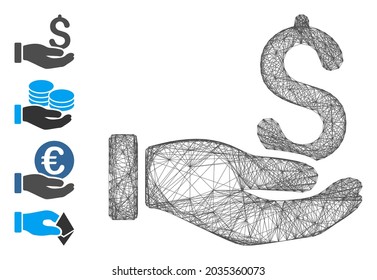 Vector net earnings hand. Geometric linear carcass 2D net generated with earnings hand icon, designed with crossed lines. Some bonus icons are added.