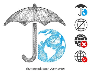 Regenschirm aus Vektornetz der Erde. Geometrisches lineares Karkassennetz, 2D, erzeugt mit dem Erdschirmsymbol, entworfen mit Kreuzlinien. Es werden einige Bonussymbole hinzugefügt.