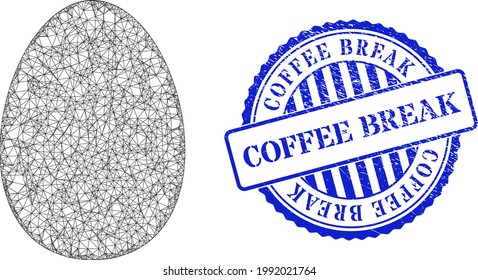 Vector net egg carcass, and Coffee Break blue rosette dirty stamp. Wire carcass net image created from egg pictogram, is made from crossed lines.