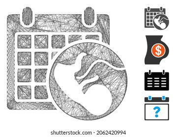Vector net embryo calendar. Geometric linear carcass 2D net generated with embryo calendar icon, designed with crossing lines. Some bonus icons are added.