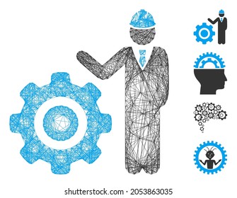Vector net engineer with gear. Geometric hatched frame 2D net generated with engineer with gear icon, designed with crossing lines. Some similar icons are added.