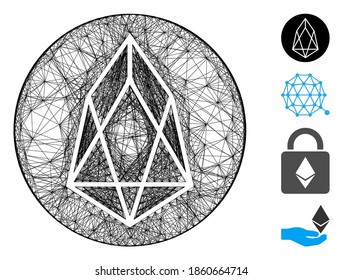 Vector net eos currency. Geometric wire carcass 2D net made from eos currency icon, designed from crossed lines. Some bonus icons are added.