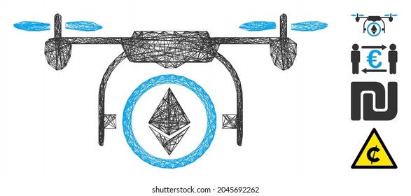 Vektornetz-Ethereum-Koper. Geometrisches lineares 2D-Netz aus Karkasse, erzeugt mit Ethereum-Kopter-Symbol, konstruiert mit Kreuzlinien. Es werden einige Bonussymbole hinzugefügt.