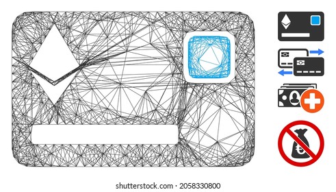 Vector net Ethereum credit card. Geometric linear carcass flat net generated with Ethereum credit card icon, designed with crossed lines. Some bonus icons are added.