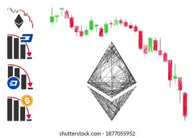 Vector net Ethereum fall chart. Geometric wire carcass flat net made from Ethereum fall chart icon, designed from crossed lines. Some bonus icons are added.