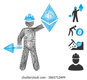 Minero del etéreo de red vectora. Red plana de marco lineal geométrica generada con el icono del minero etéreo, diseñada con líneas de cruce. Se añaden algunos iconos adicionales.
