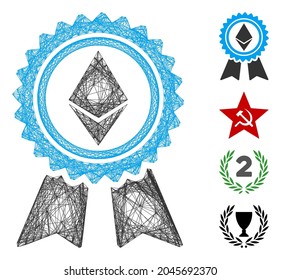 Vector net Ethereum reward medal. Geometric linear frame 2D net made from Ethereum reward medal icon, designed from crossed lines. Some bonus icons are added.