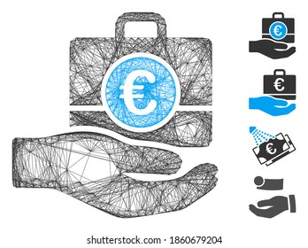 Vector net Euro banking service hand. Geometric wire carcass flat net made from Euro banking service hand icon, designed from crossing lines. Some bonus icons are added.