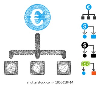 Vector net Euro cash flow. Geometric hatched carcass flat net generated with Euro cash flow icon, designed with crossing lines. Some bonus icons are added.