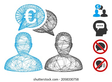 Vektor net-Euro-Chat. Geometrisches drahtloses Flachnetz aus dem Euro-Chat-Symbol, entworfen aus Schnittlinien. Es werden einige Bonussymbole hinzugefügt.