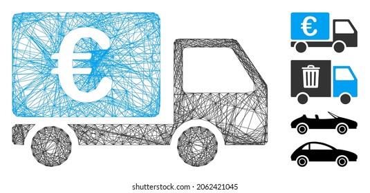 Vector net Euro collector car. Geometric hatched frame 2D net generated with Euro collector car icon, designed with intersected lines. Some bonus icons are added.