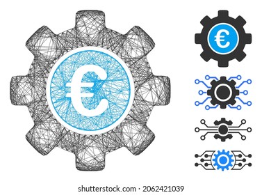 Equipamiento de desarrollo del euro neto vectores. Red plana de marco lineal geométrica hecha a partir del icono del engranaje de desarrollo Euro, diseñada a partir de líneas cruzadas. Se añaden algunos iconos adicionales.