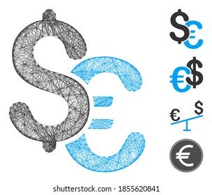 Vector neto Euro y Dólar moneda. Red lineal geométrica de canales plana hecha de un icono de moneda Euro y Dólar, diseñada a partir de líneas entrelazadas. Se añaden algunos iconos adicionales.