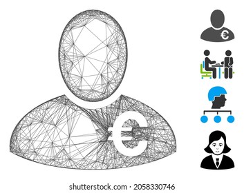 Vector net Euro financier. Geometric hatched carcass 2D net made from Euro financier icon, designed from intersected lines. Some bonus icons are added.