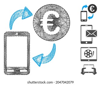Vector net Euro mobile exchange. Geometric hatched frame 2D net generated with Euro mobile exchange icon, designed with crossed lines. Some similar icons are added.