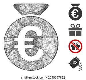 Vector net Euro money bag. Geometric wire frame 2D net made from Euro money bag icon, designed from crossed lines. Some additional icons are added.