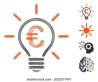 Vector net Euro power bulb. Geometric linear carcass 2D net generated with Euro power bulb icon, designed with crossing lines. Some bonus icons are added.