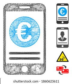 Banca de vectores para teléfonos inteligentes Euro. Red plana con tramo geométrico diseñada a partir de un icono de la banca para teléfonos inteligentes en euros, diseñada a partir de líneas de cruce. Se añaden algunos iconos adicionales.