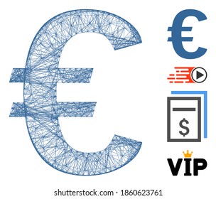Vektornetz-Euro-Symbol. Geometrisches Gitter-Flachnetz aus Euro-Symbol, konstruiert mit Kreuzlinien. Es werden einige Bonussymbole hinzugefügt.