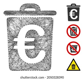 Vector neto La basura del euro. Red plana de canales con eclosión geométrica generada con el icono de la basura Euro, diseñada con líneas de cruce. Se añaden algunos iconos adicionales.