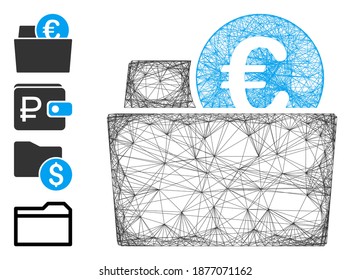 Vektornetto-Euro-Geldbeutel. Geometrisches, geschlüftetes 2D-Netz aus dem Euro-Geldbeutel-Icon, entworfen aus Kreuzlinien. Es werden einige Bonussymbole hinzugefügt.
