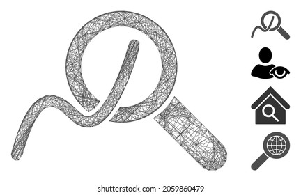 Vector net explore charts. Geometric hatched carcass 2D net generated with explore charts icon, designed with intersected lines. Some bonus icons are added.