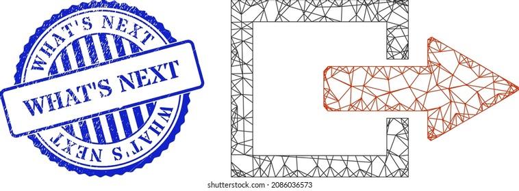 Vector net export arrow wireframe, and What'S Next blue round textured seal print. Hatched frame net symbol created from export arrow pictogram, created from crossed lines.