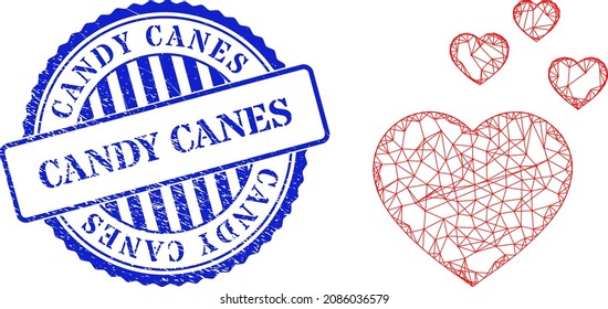 Vector net favorite hearts wireframe, and Candy Canes blue round grunge stamp seal. Wire carcass net symbol created from favorite hearts icon, is made from intersected lines.