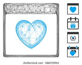 Vector net favourite heart calendar page. Geometric hatched frame flat net generated with favourite heart calendar page icon, designed with intersected lines. Some bonus icons are added.