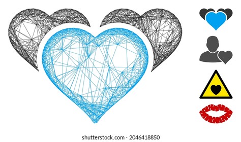 Vector net favourite hearts. Geometric linear carcass 2D net generated with favourite hearts icon, designed with crossed lines. Some bonus icons are added.
