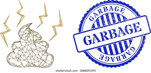 Vector net fetid shit carcass, and Garbage blue round unclean seal imitation. Hatched carcass network illustration designed with fetid shit icon, is created with intersected lines.