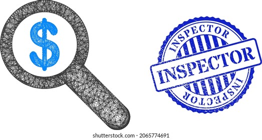 Vector net financial audit wireframe, and Inspector blue rosette unclean seal imitation. Wire carcass network image created from financial audit pictogram, is created from crossing lines.