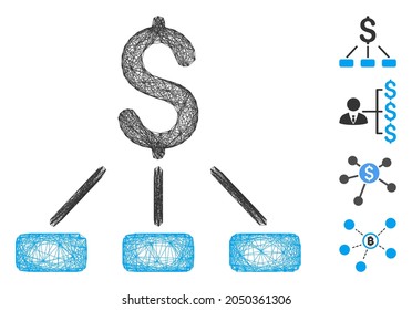 Vector net financial hierarchy. Geometric wire carcass flat net generated with financial hierarchy icon, designed with intersected lines. Some additional icons are added.
