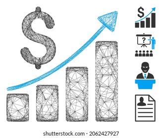 Vector net financial report. Geometric linear frame 2D net made from financial report icon, designed from crossed lines. Some bonus icons are added.