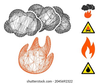 Vector net fire with smoke. Geometric hatched frame flat net generated with fire with smoke icon, designed with crossing lines. Some bonus icons are added.