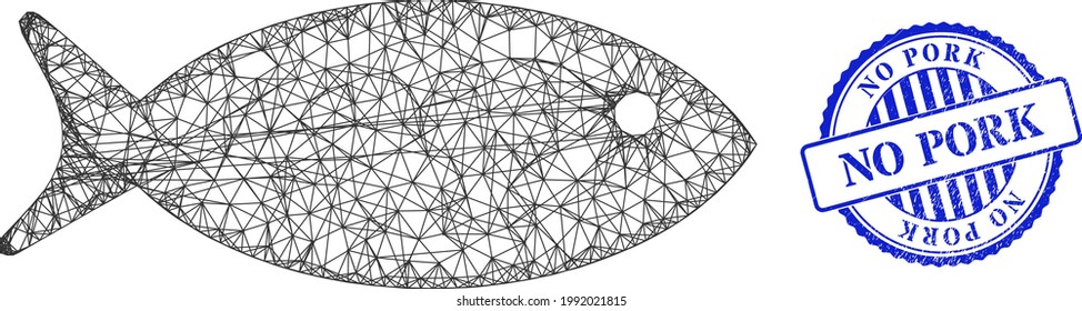Vector net fish carcass, and No Pork blue rosette scratched stamp seal. Wire frame net symbol created from fish pictogram, created with crossed lines.