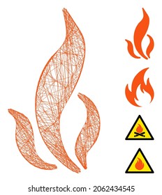 Vector net flame. Geometric hatched frame 2D net generated with flame icon, designed with crossed lines. Some bonus icons are added.