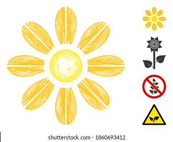 Flor de red vectorial. Red 2D de canal con trama geométrica generada con icono floral, diseñada con líneas cruzadas. Se añaden algunos iconos adicionales.