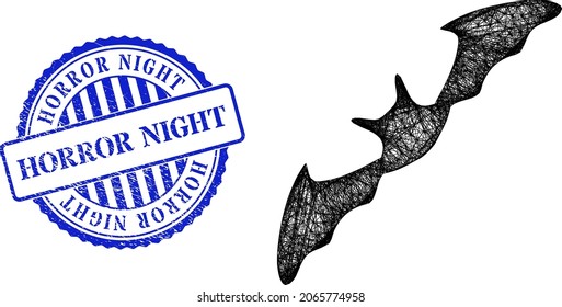 Vector net flying bat model, and Horror Night blue rosette scratched stamp seal. Crossed frame net illustration designed with flying bat pictogram, is created with intersected lines.
